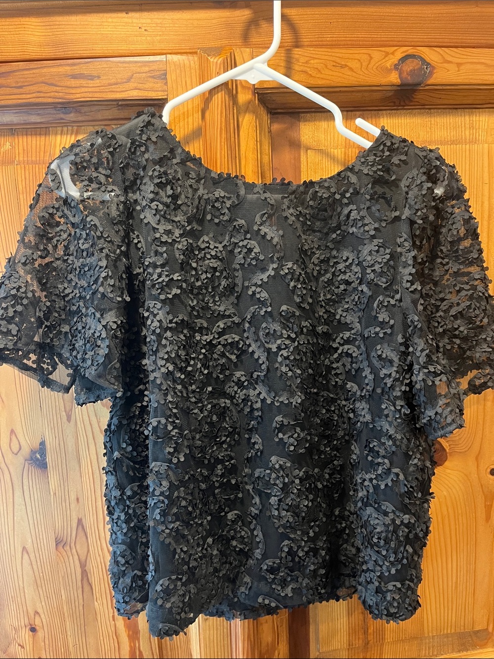 LOFT Black Floral Appliqué Short Sleeve Blouse